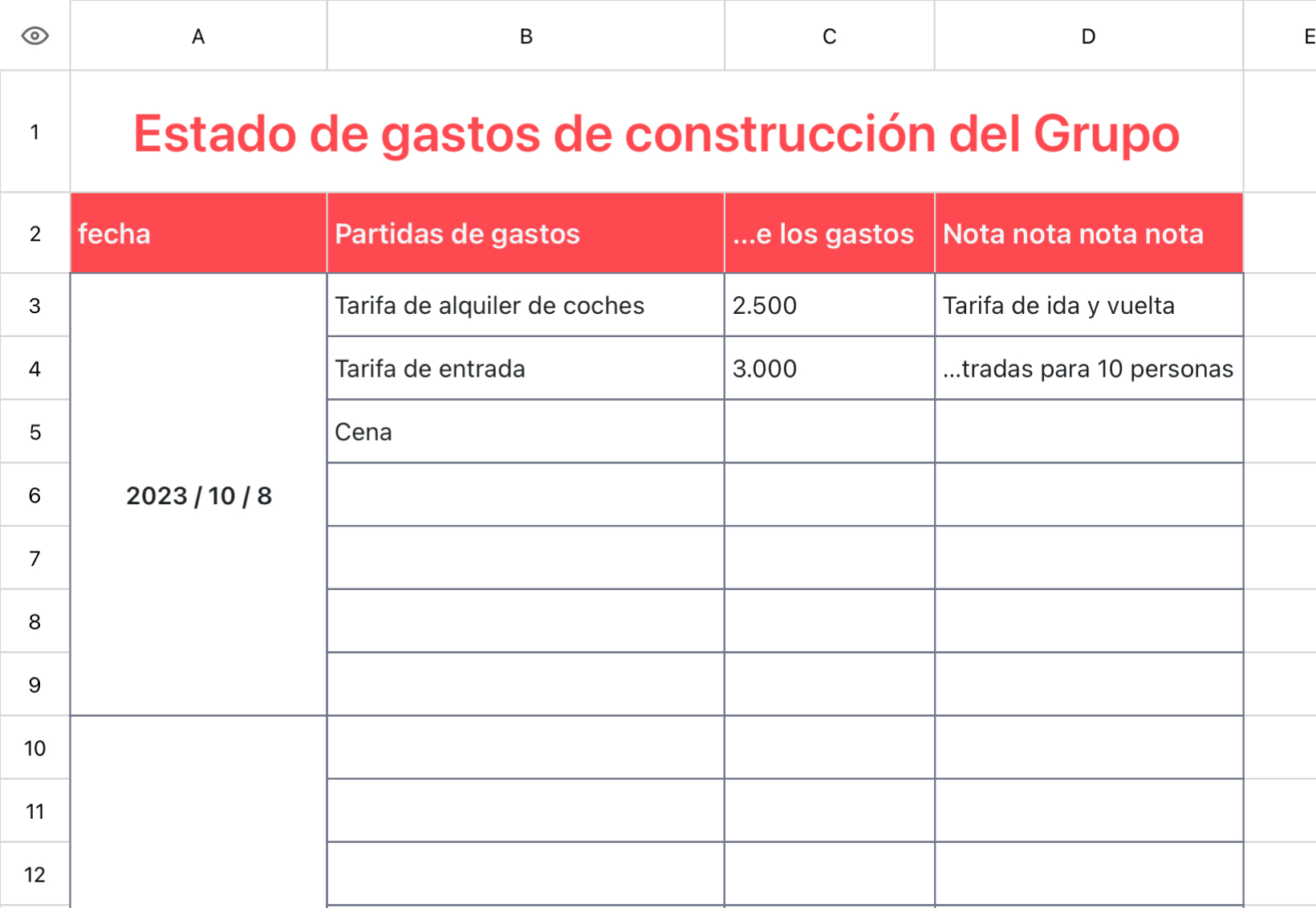 Estado de gastos de construcción del Grupo